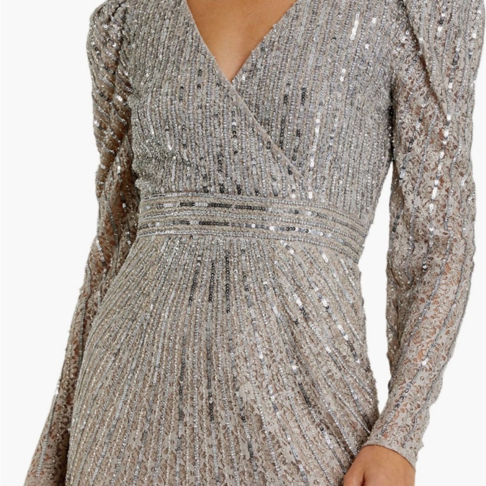 Mac Duggal Glittering Silver Long Sleeve Dress